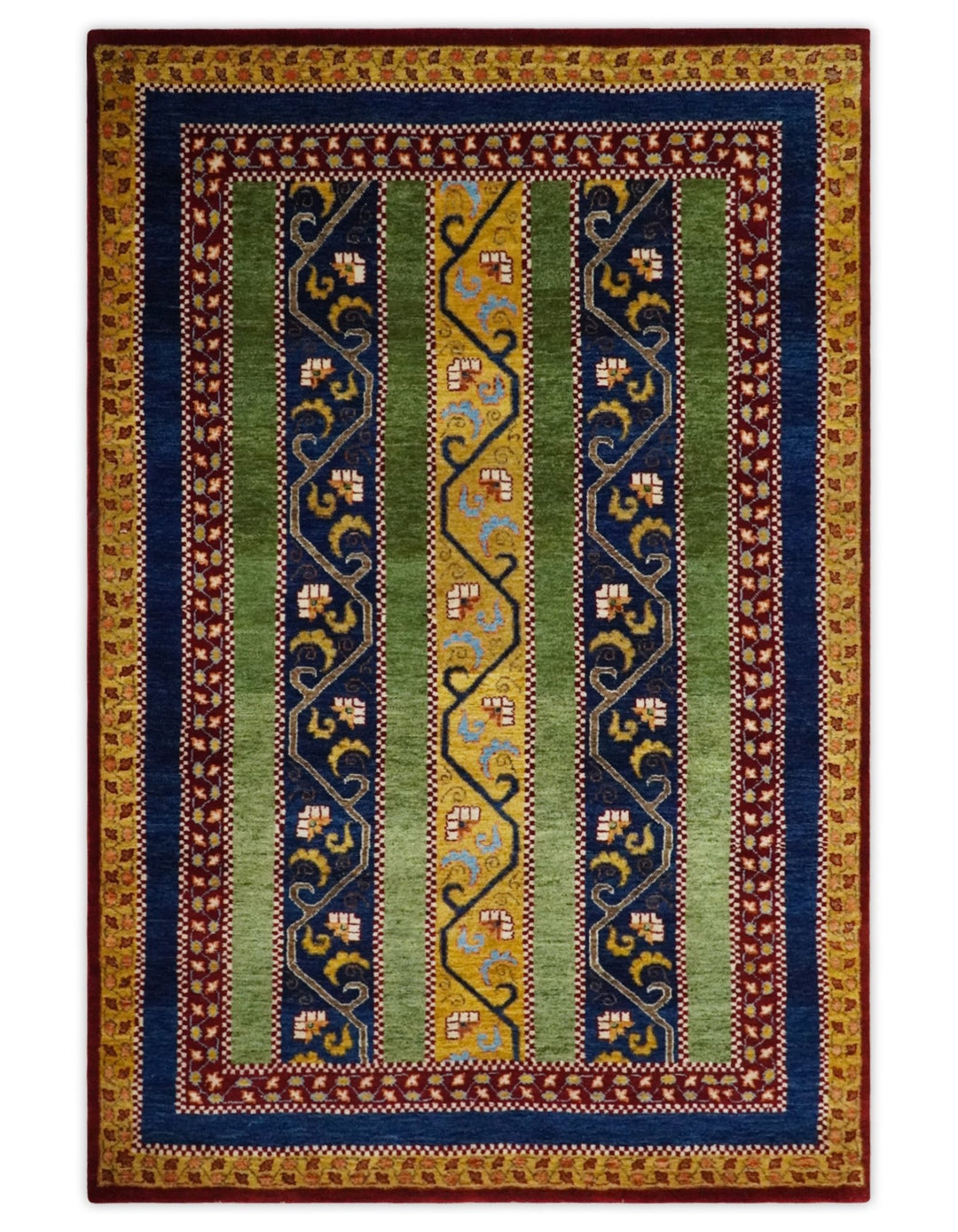 4x6 Green, Gold and Blue Striped Wool Hand Knotted Southwestern Lori Gabbeh Rug | KNT54 - The Rug Decor