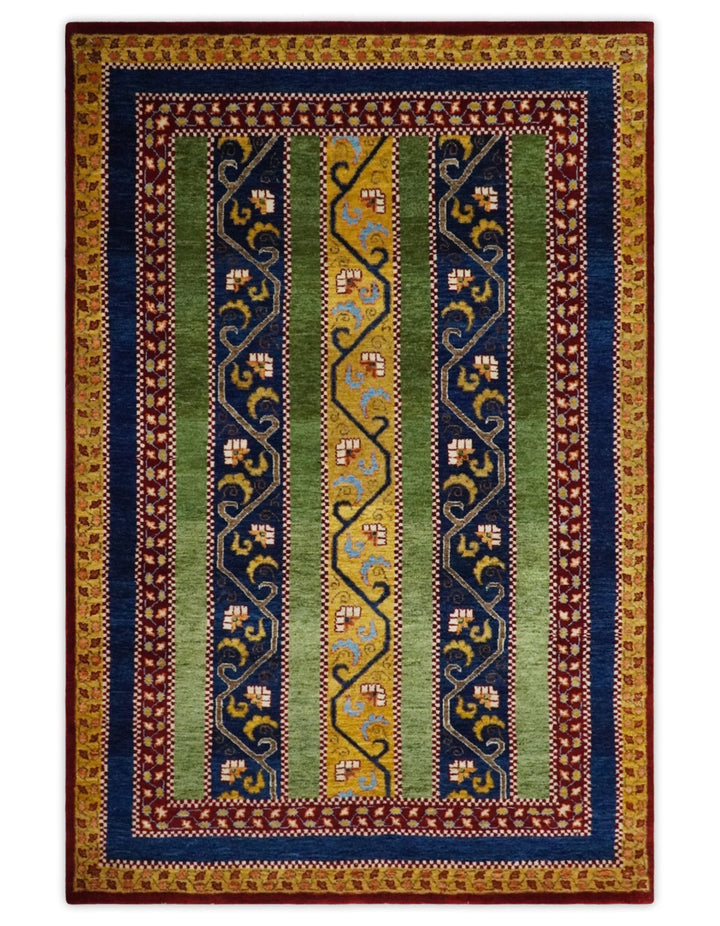 4x6 Green, Gold and Blue Striped Wool Hand Knotted Southwestern Lori Gabbeh Rug | KNT54 - The Rug Decor