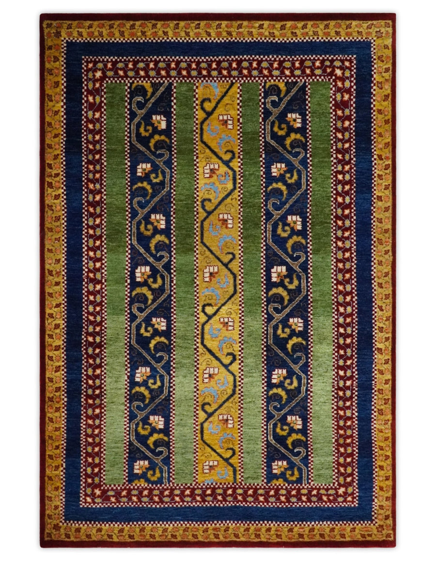 4x6 Green, Gold and Blue Striped Wool Hand Knotted Southwestern Lori Gabbeh Rug | KNT54 - The Rug Decor