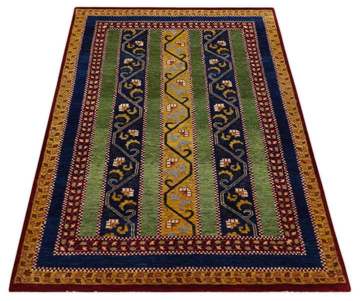 4x6 Green, Gold and Blue Striped Wool Hand Knotted Southwestern Lori Gabbeh Rug | KNT54 - The Rug Decor