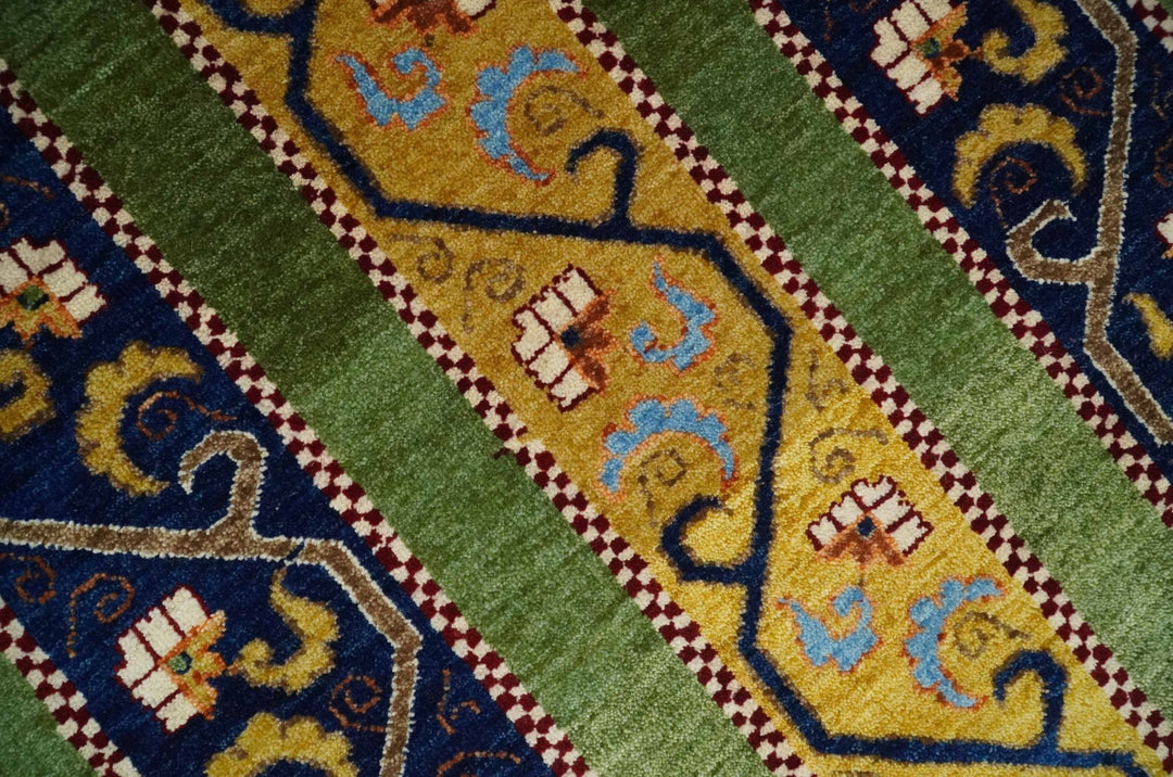 4x6 Green, Gold and Blue Striped Wool Hand Knotted Southwestern Lori Gabbeh Rug | KNT54 - The Rug Decor