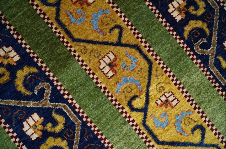 4x6 Green, Gold and Blue Striped Wool Hand Knotted Southwestern Lori Gabbeh Rug | KNT54 - The Rug Decor