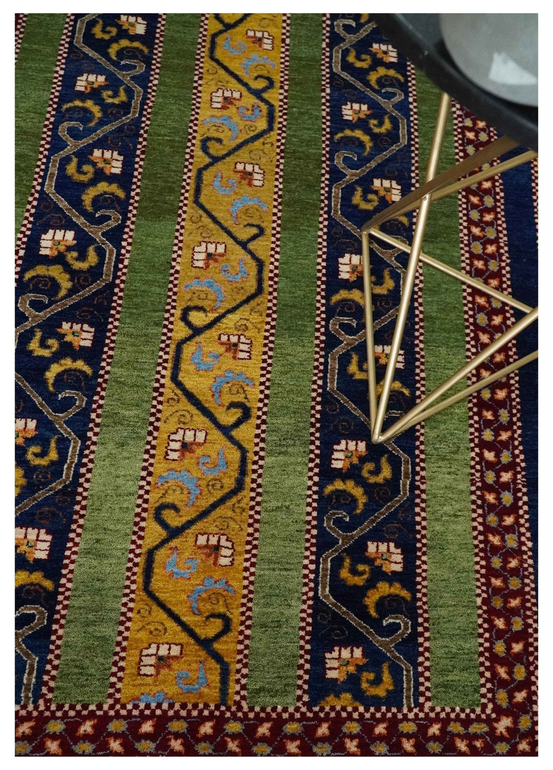 4x6 Green, Gold and Blue Striped Wool Hand Knotted Southwestern Lori Gabbeh Rug | KNT54 - The Rug Decor