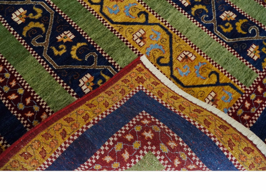 4x6 Green, Gold and Blue Striped Wool Hand Knotted Southwestern Lori Gabbeh Rug | KNT54 - The Rug Decor