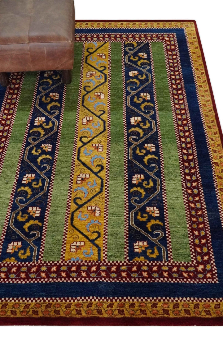 4x6 Green, Gold and Blue Striped Wool Hand Knotted Southwestern Lori Gabbeh Rug | KNT54 - The Rug Decor