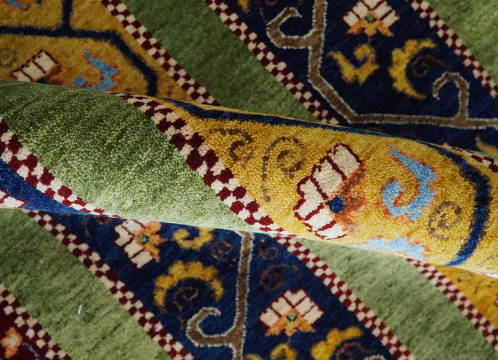 4x6 Green, Gold and Blue Striped Wool Hand Knotted Southwestern Lori Gabbeh Rug | KNT54 - The Rug Decor
