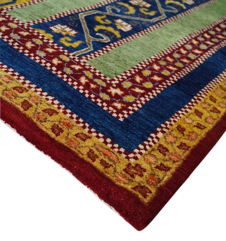 4x6 Green, Gold and Blue Striped Wool Hand Knotted Southwestern Lori Gabbeh Rug | KNT54 - The Rug Decor