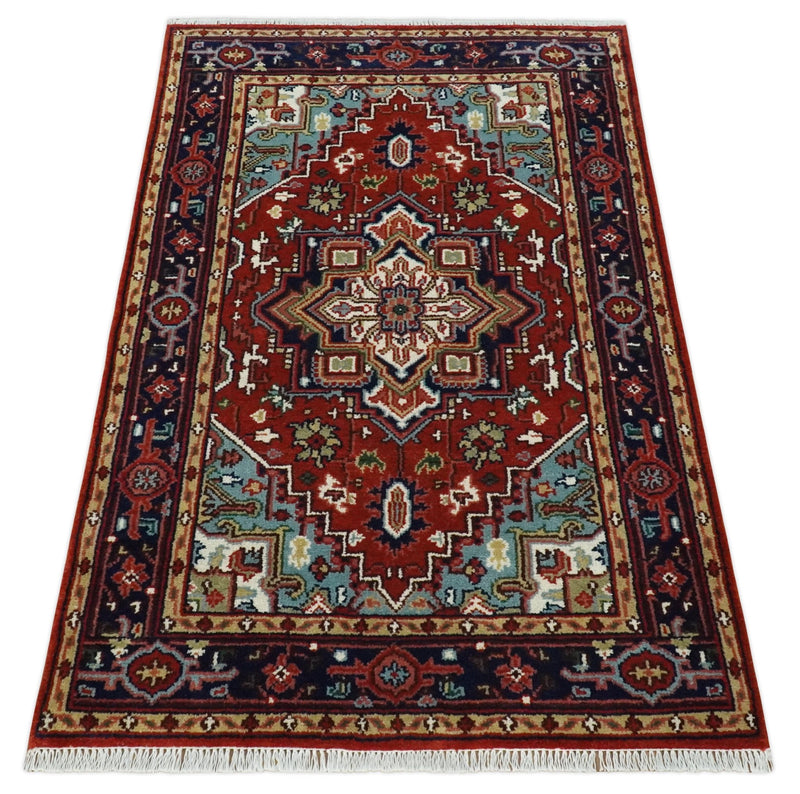 4x6 Hand knotted Brown, Aqua and Blue Traditional Heriz Serapi wool area rug - The Rug Decor