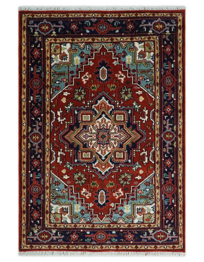 4x6 Hand knotted Brown, Aqua and Blue Traditional Heriz Serapi wool area rug - The Rug Decor