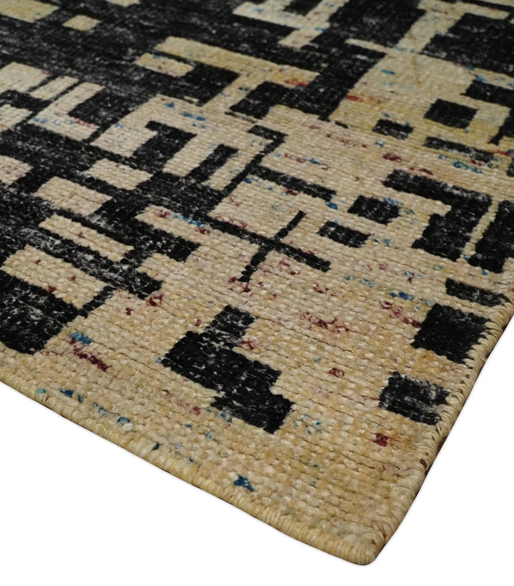 4x6 Hand Knotted Camel and Black Modern Abstract Contemporary Recycled Silk Area Rug | OP54 - The Rug Decor