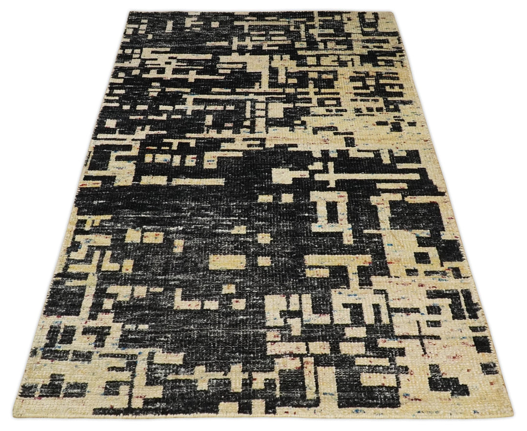 4x6 Hand Knotted Camel and Black Modern Abstract Contemporary Recycled Silk Area Rug | OP54 - The Rug Decor