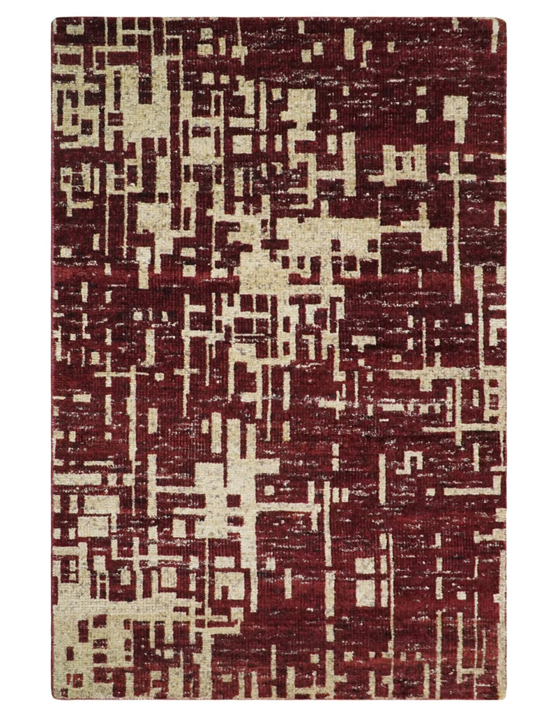 4x6 Hand Knotted Camel and Maroon Modern Abstract Contemporary Recycled Silk Area Rug | OP64 - The Rug Decor