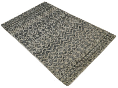 4x6 Hand Knotted Ivory, Black and Gray Modern Contemporary Southwestern Tribal Trellis Recycled Silk Area Rug | OP56 - The Rug Decor