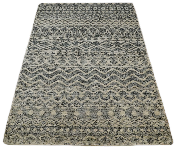 4x6 Hand Knotted Ivory, Black and Gray Modern Contemporary Southwestern Tribal Trellis Recycled Silk Area Rug | OP56 - The Rug Decor
