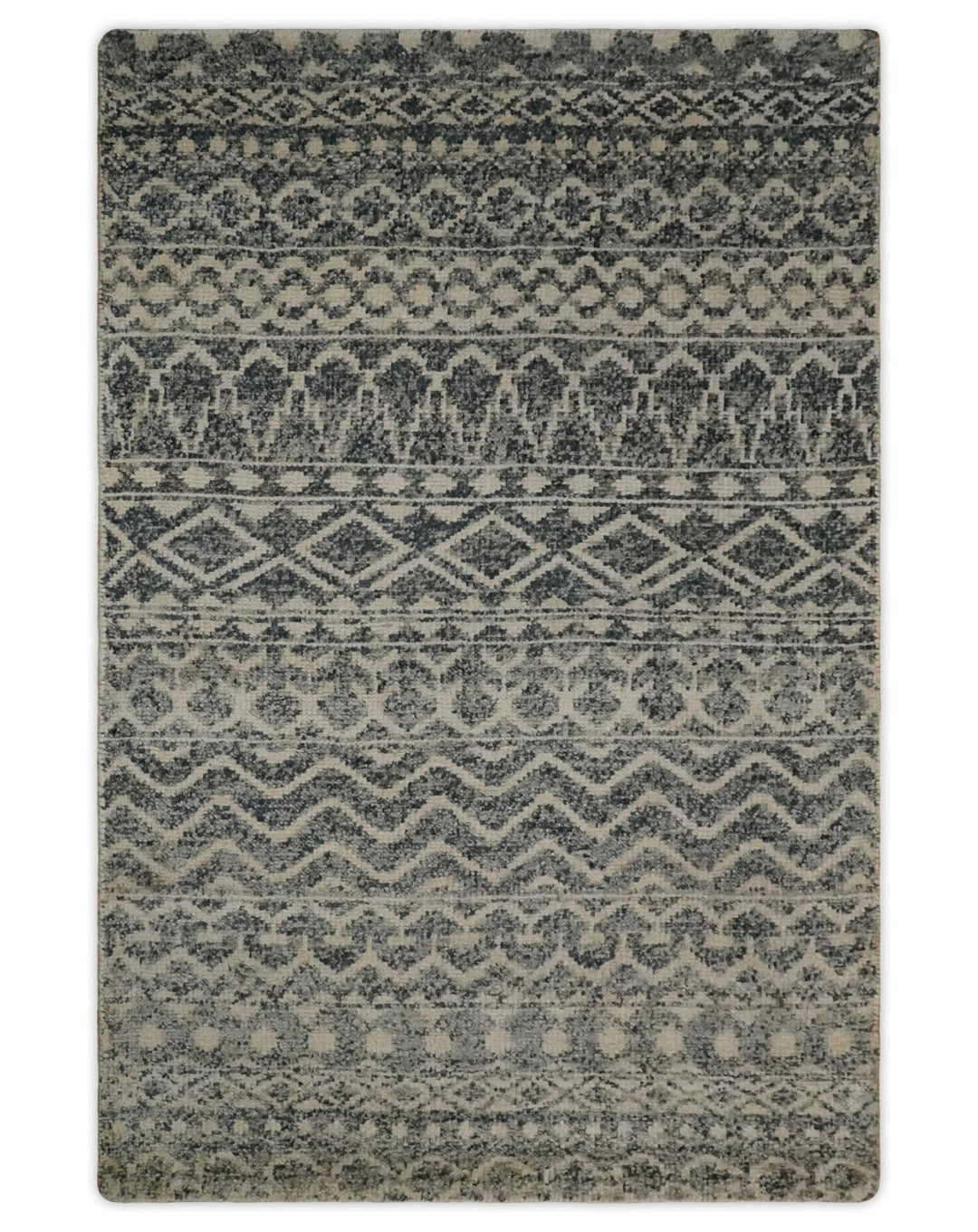 4x6 Hand Knotted Ivory, Black and Gray Modern Contemporary Southwestern Tribal Trellis Recycled Silk Area Rug | OP56 - The Rug Decor