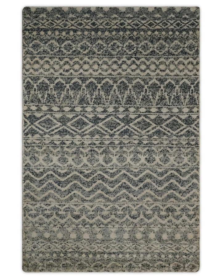 4x6 Hand Knotted Ivory, Black and Gray Modern Contemporary Southwestern Tribal Trellis Recycled Silk Area Rug | OP56 - The Rug Decor
