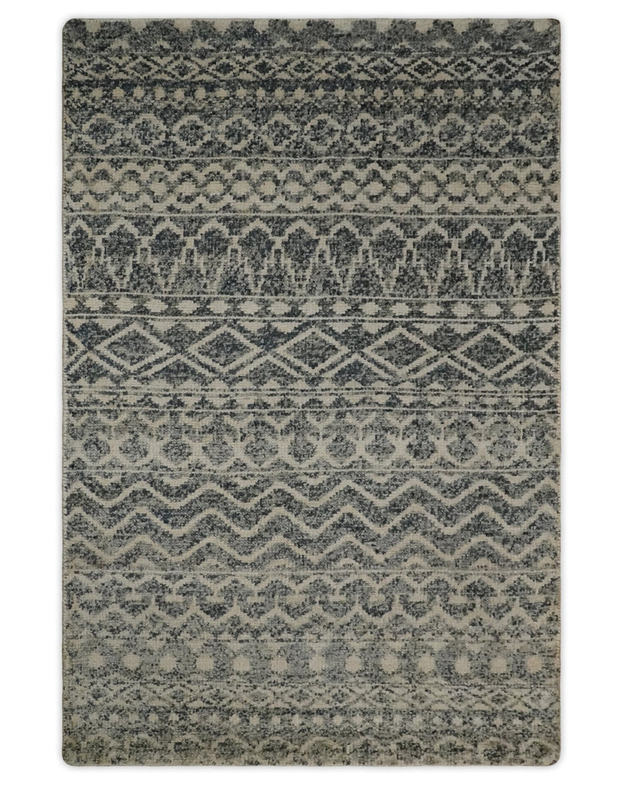 4x6 Hand Knotted Ivory, Black and Gray Modern Contemporary Southwestern Tribal Trellis Recycled Silk Area Rug | OP56 - The Rug Decor