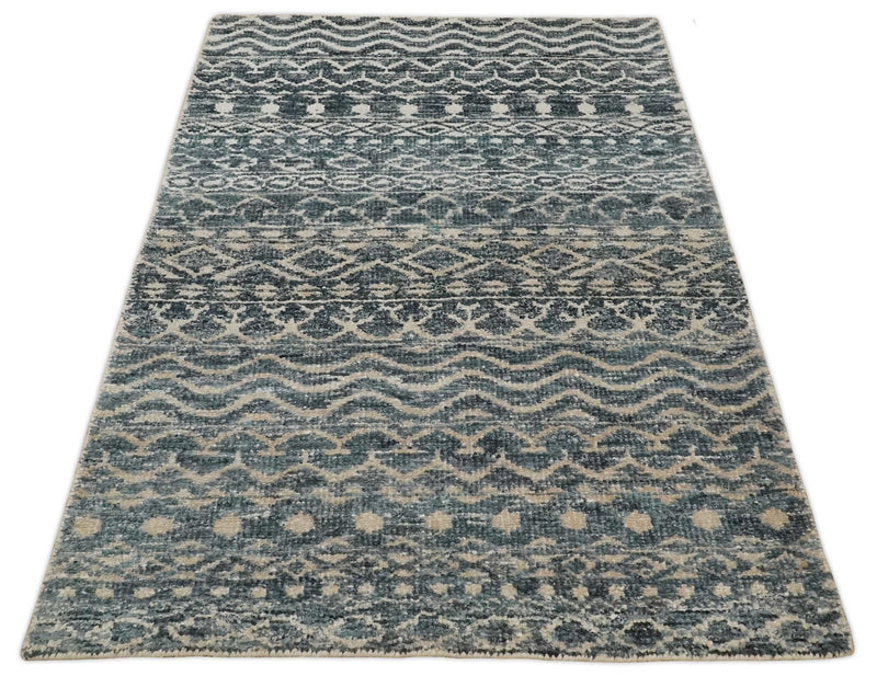 4x6 Hand Knotted Ivory, Camel and Blue Modern Contemporary Southwestern Tribal Trellis Recycled Silk Area Rug | OP55 - The Rug Decor
