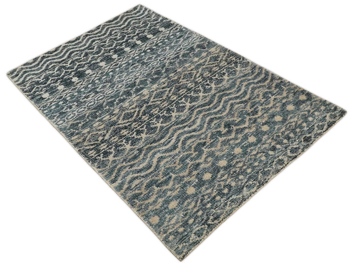4x6 Hand Knotted Ivory, Camel and Blue Modern Contemporary Southwestern Tribal Trellis Recycled Silk Area Rug | OP55 - The Rug Decor