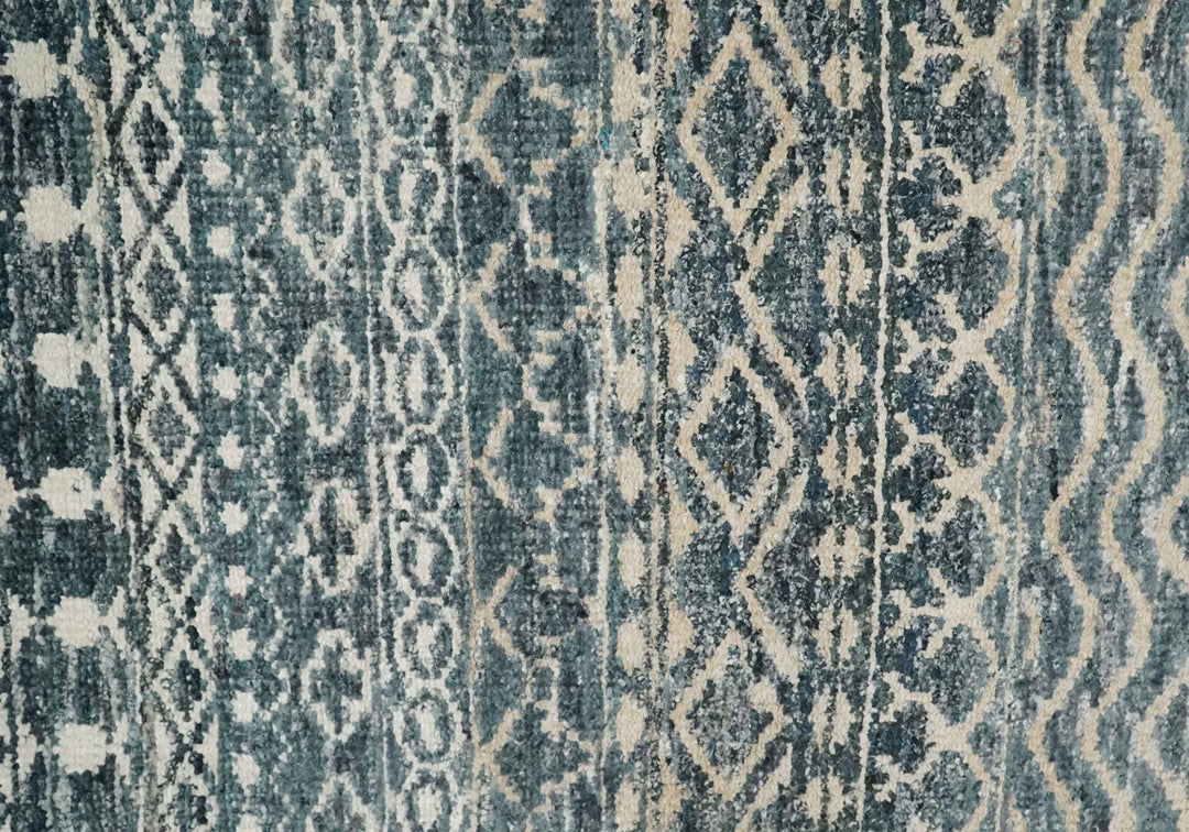 4x6 Hand Knotted Ivory, Camel and Blue Modern Contemporary Southwestern Tribal Trellis Recycled Silk Area Rug | OP55 - The Rug Decor