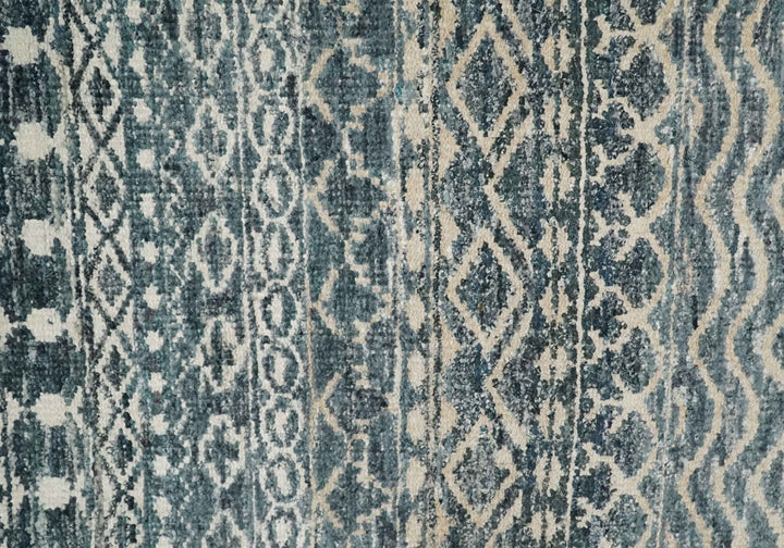 4x6 Hand Knotted Ivory, Camel and Blue Modern Contemporary Southwestern Tribal Trellis Recycled Silk Area Rug | OP55 - The Rug Decor