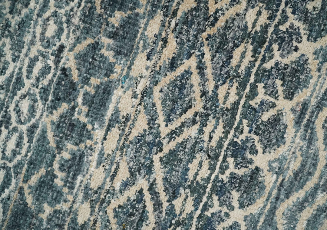 4x6 Hand Knotted Ivory, Camel and Blue Modern Contemporary Southwestern Tribal Trellis Recycled Silk Area Rug | OP55 - The Rug Decor