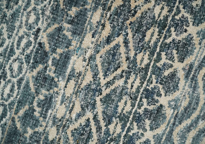 4x6 Hand Knotted Ivory, Camel and Blue Modern Contemporary Southwestern Tribal Trellis Recycled Silk Area Rug | OP55 - The Rug Decor