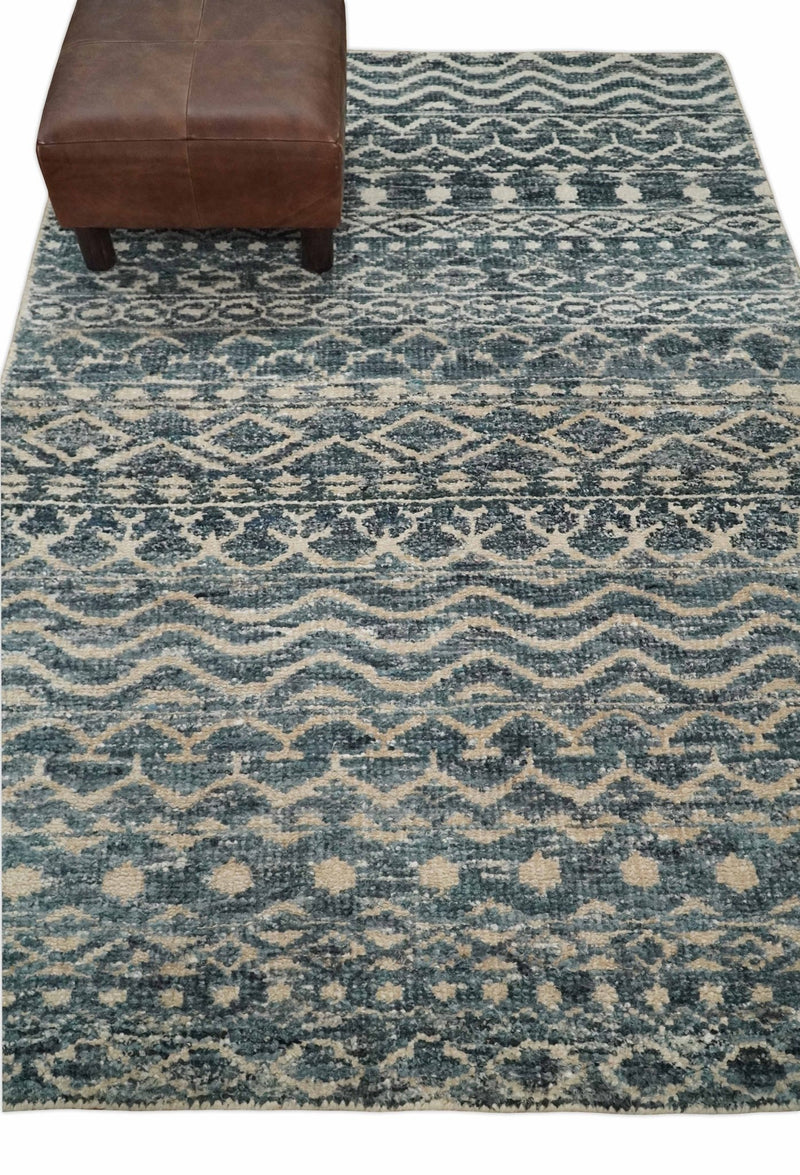 4x6 Hand Knotted Ivory, Camel and Blue Modern Contemporary Southwestern Tribal Trellis Recycled Silk Area Rug | OP55 - The Rug Decor