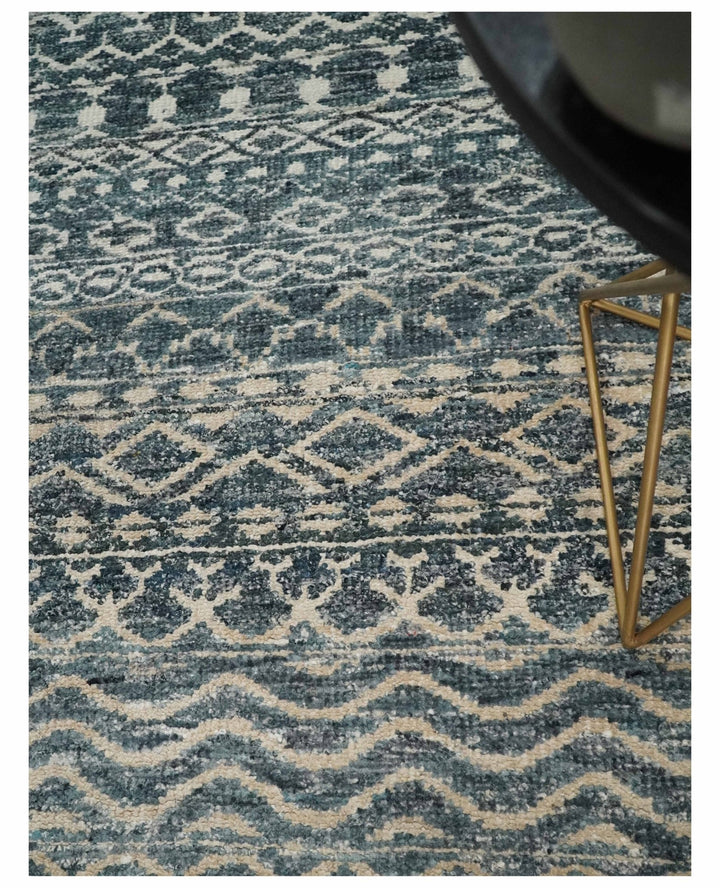 4x6 Hand Knotted Ivory, Camel and Blue Modern Contemporary Southwestern Tribal Trellis Recycled Silk Area Rug | OP55 - The Rug Decor