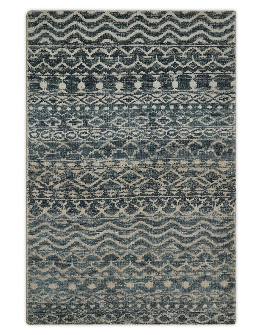 4x6 Hand Knotted Ivory, Camel and Blue Modern Contemporary Southwestern Tribal Trellis Recycled Silk Area Rug | OP55 - The Rug Decor