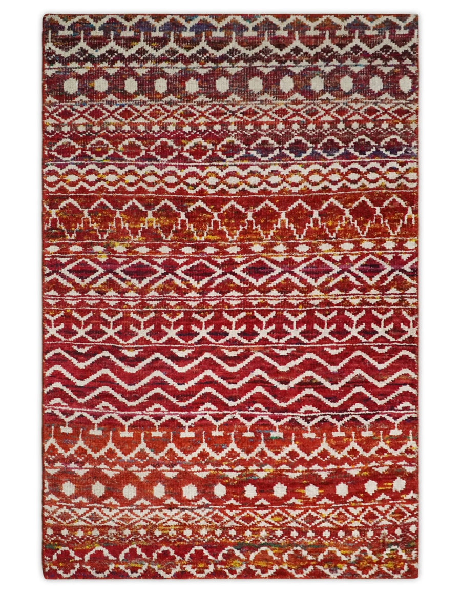 4x6 Hand Knotted Red and White Modern Contemporary Southwestern Tribal Trellis Recycled Silk Area Rug | OP60 - The Rug Decor