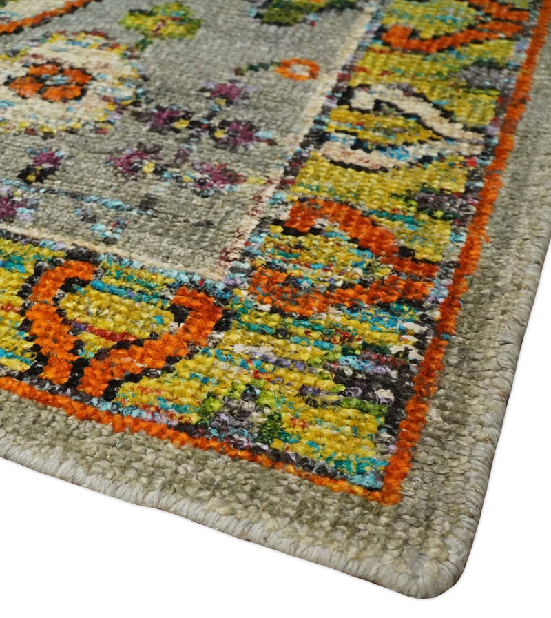 4x6 Hand Knotted Silver, Yellow and Orange Persian Oushak made of Recycled Silk Area Rug | OP58 - The Rug Decor