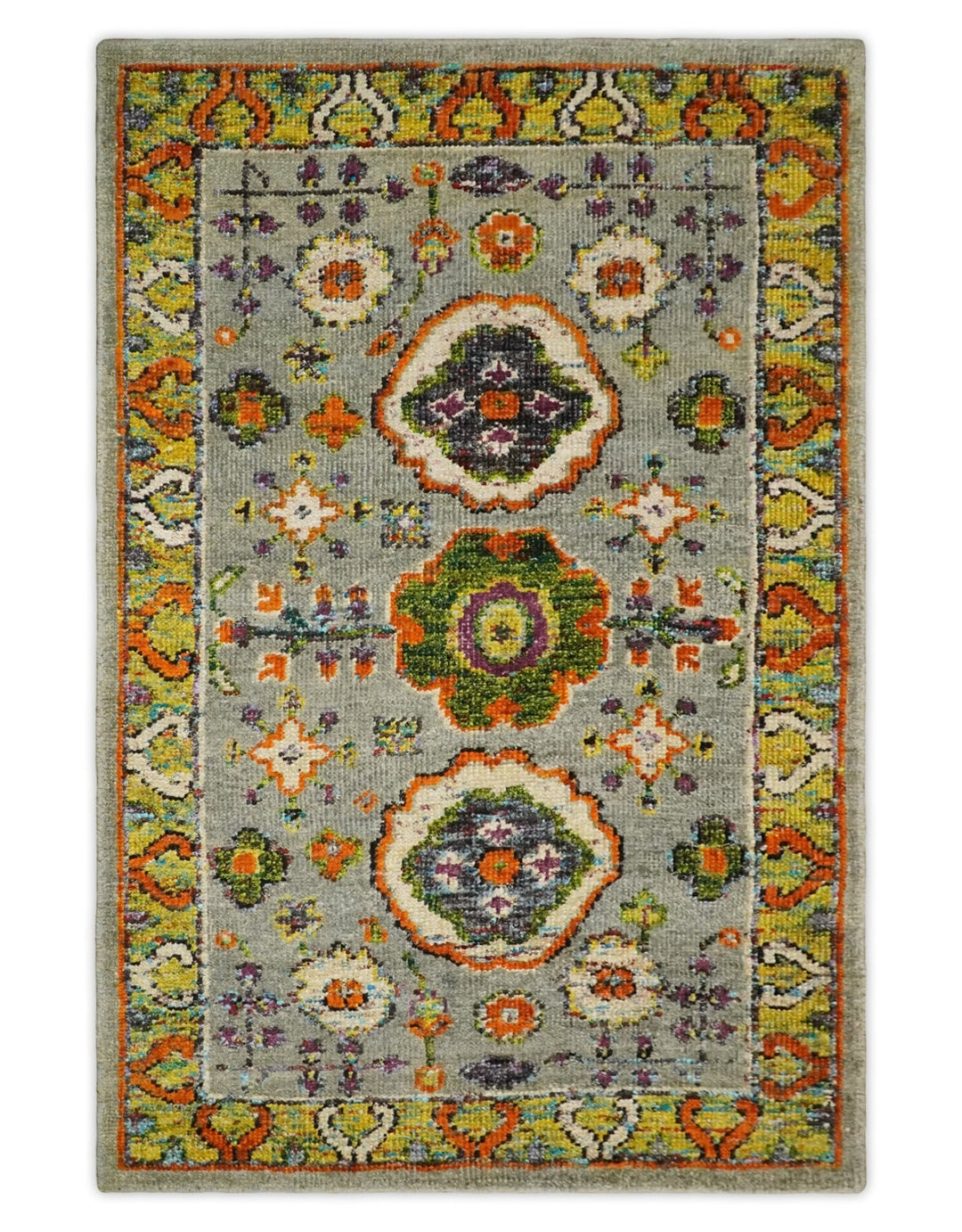 4x6 Hand Knotted Silver, Yellow and Orange Persian Oushak made of Recycled Silk Area Rug | OP58 - The Rug Decor