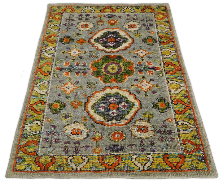 4x6 Hand Knotted Silver, Yellow and Orange Persian Oushak made of Recycled Silk Area Rug | OP58 - The Rug Decor
