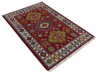 4x6 Hand Knotted traditional Kazak Red and Ivory Traditional Antique Tribal Armenian Rug | KZA8 - The Rug Decor