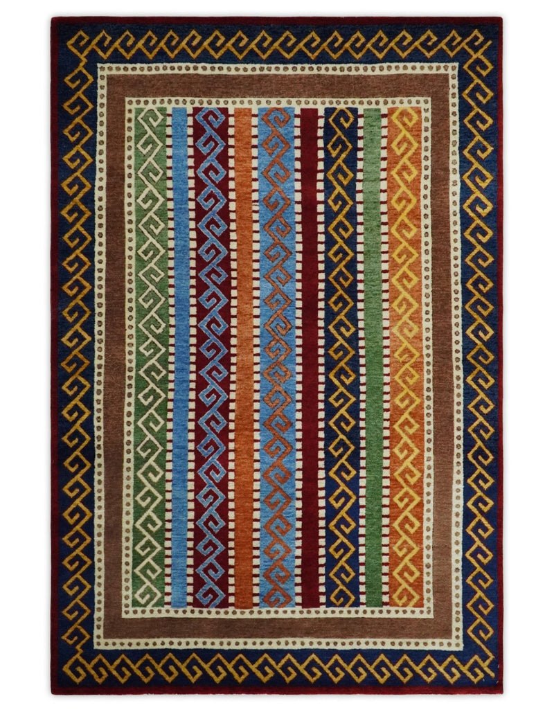 4x6 Multicolour Striped Wool Hand Woven Southwestern Gabbeh Rug| KNT16 - The Rug Decor