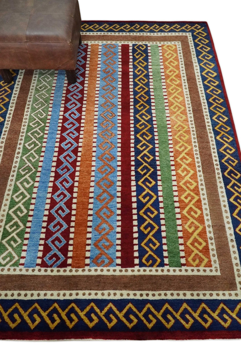 4x6 Multicolour Striped Wool Hand Woven Southwestern Gabbeh Rug| KNT16 - The Rug Decor
