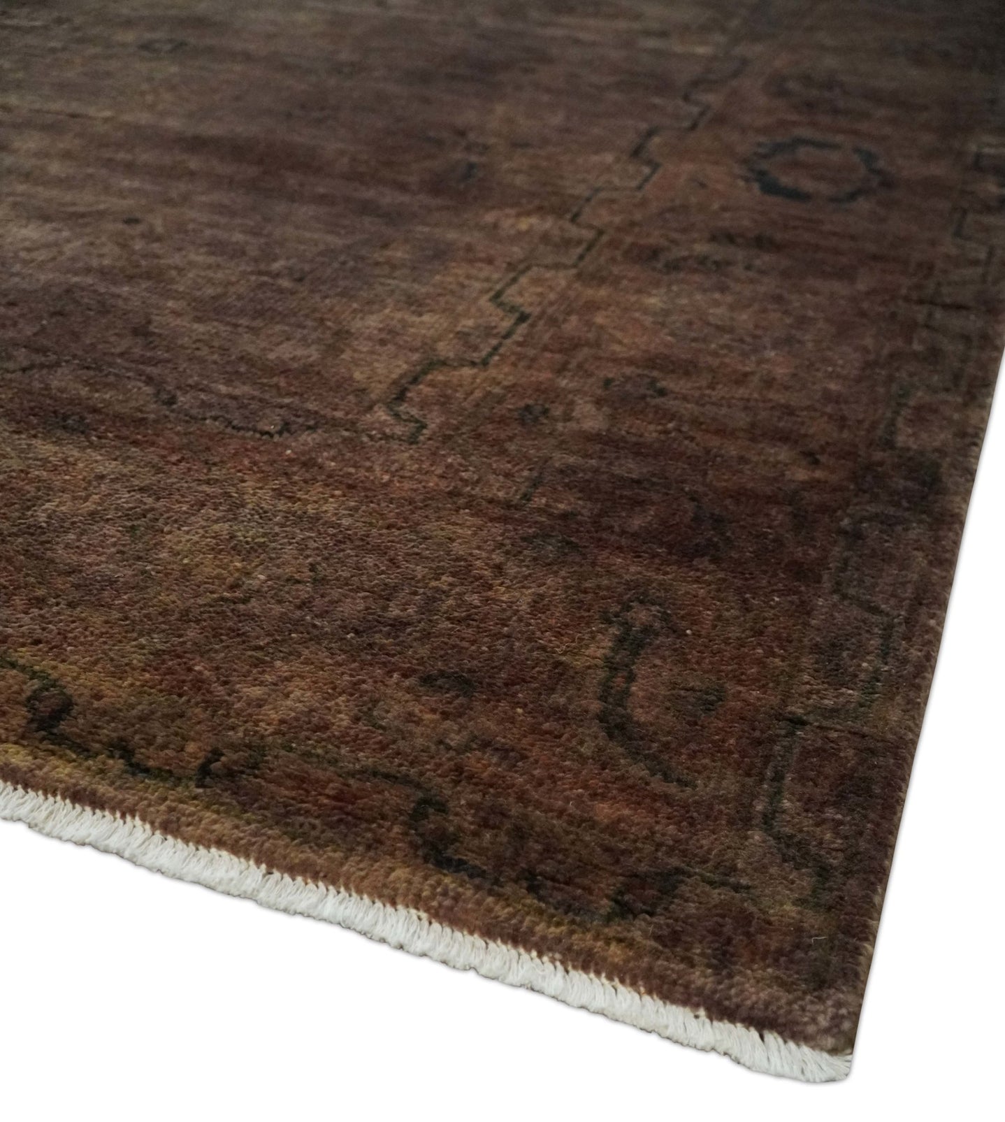 5.10x8.6 Hand Knotted Brown Overdyed Antique Finish Traditional Wool Rug | N34569 - The Rug Decor