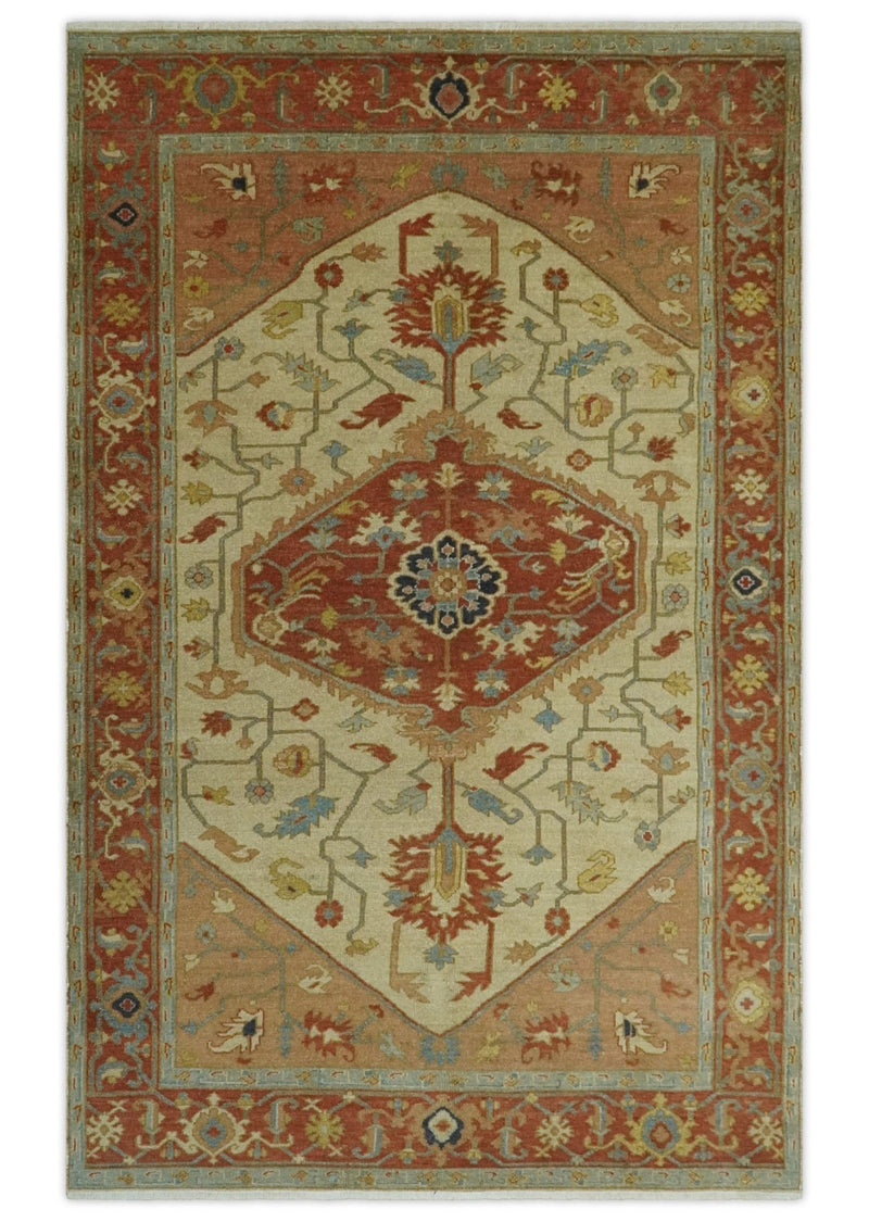 5.4x8 Hand Knotted Rust, Beige and Peach Traditional Turkish Knot Heriz wool area Rug - The Rug Decor