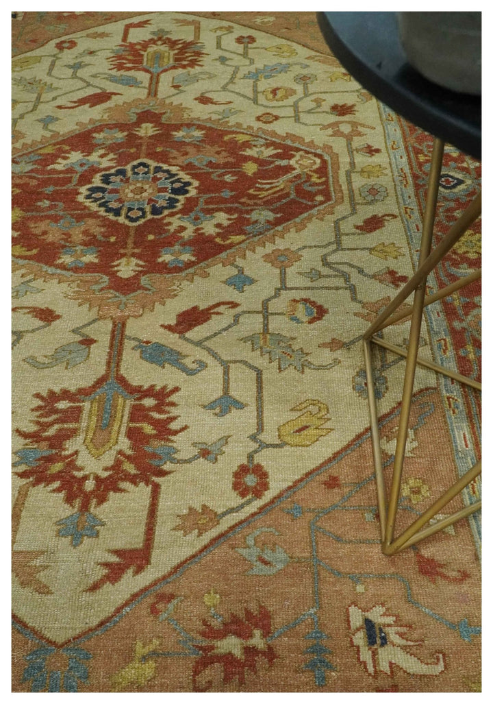 5.4x8 Hand Knotted Rust, Beige and Peach Traditional Turkish Knot Heriz wool area Rug - The Rug Decor