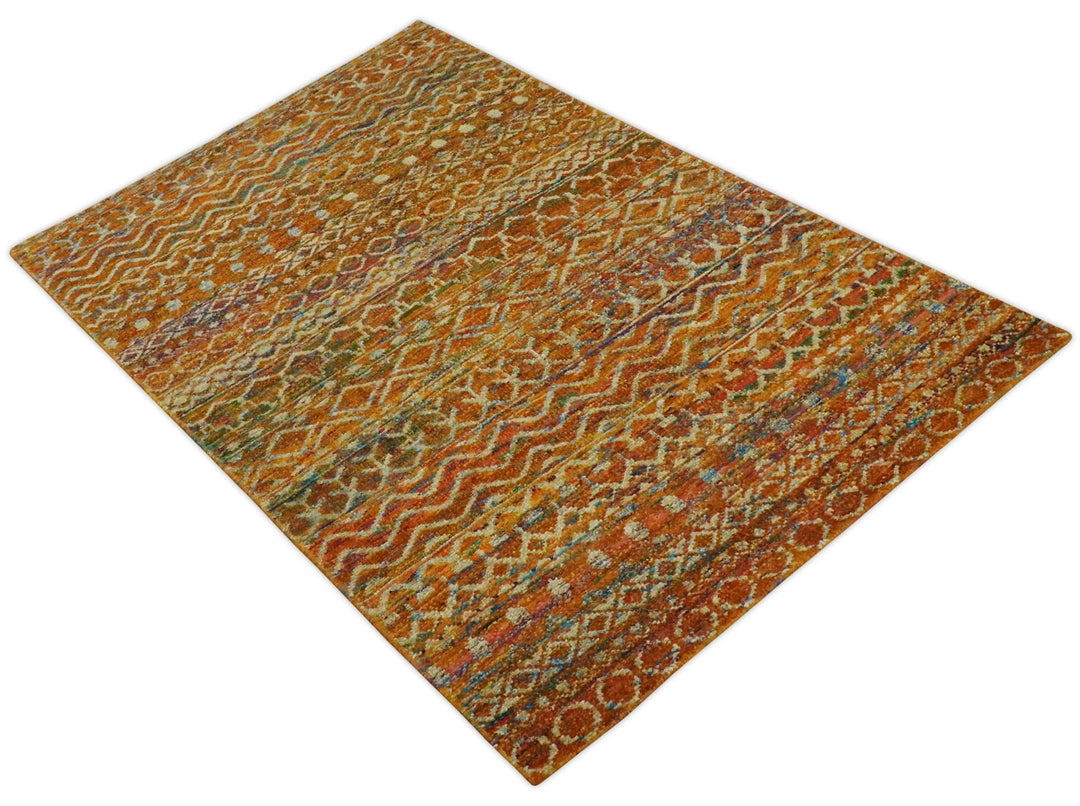 5.6x8.7 Hand Knotted Rust and Beige Modern Contemporary Southwestern Tribal Trellis Recycled wool Area Rug - The Rug Decor