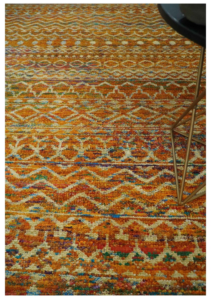 5.6x8.7 Hand Knotted Rust and Beige Modern Contemporary Southwestern Tribal Trellis Recycled wool Area Rug - The Rug Decor