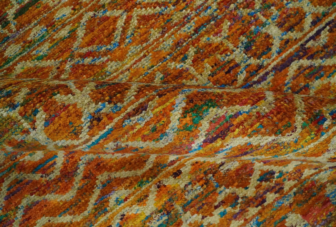 5.6x8.7 Hand Knotted Rust and Beige Modern Contemporary Southwestern Tribal Trellis Recycled wool Area Rug - The Rug Decor