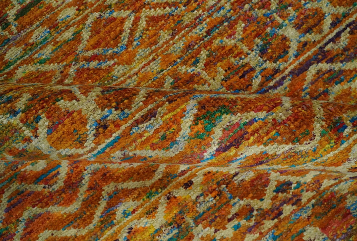 5.6x8.7 Hand Knotted Rust and Beige Modern Contemporary Southwestern Tribal Trellis Recycled wool Area Rug - The Rug Decor