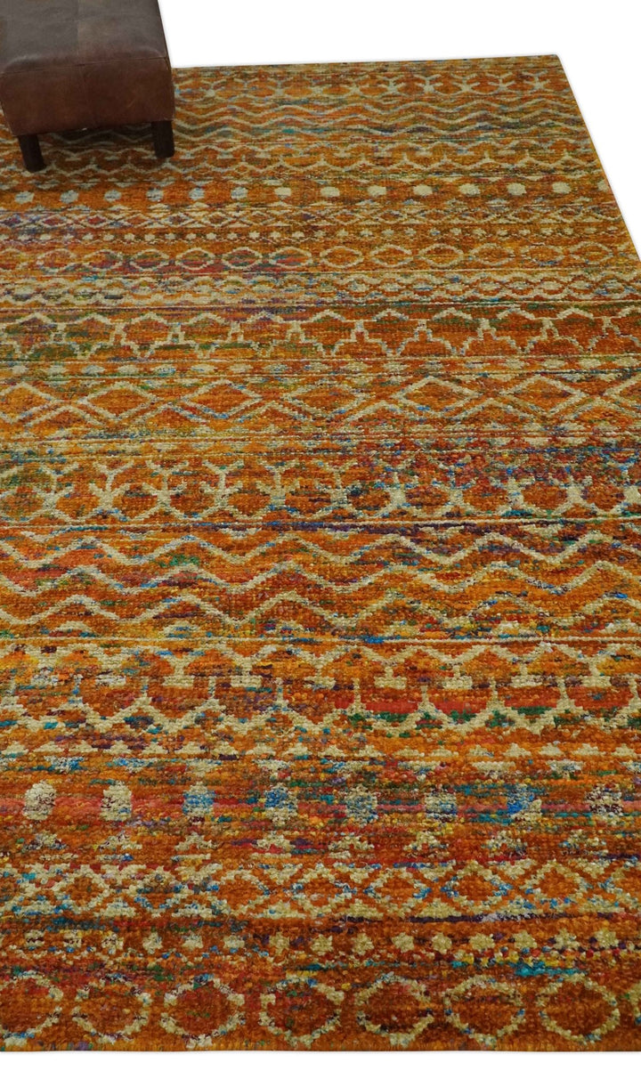 5.6x8.7 Hand Knotted Rust and Beige Modern Contemporary Southwestern Tribal Trellis Recycled wool Area Rug - The Rug Decor