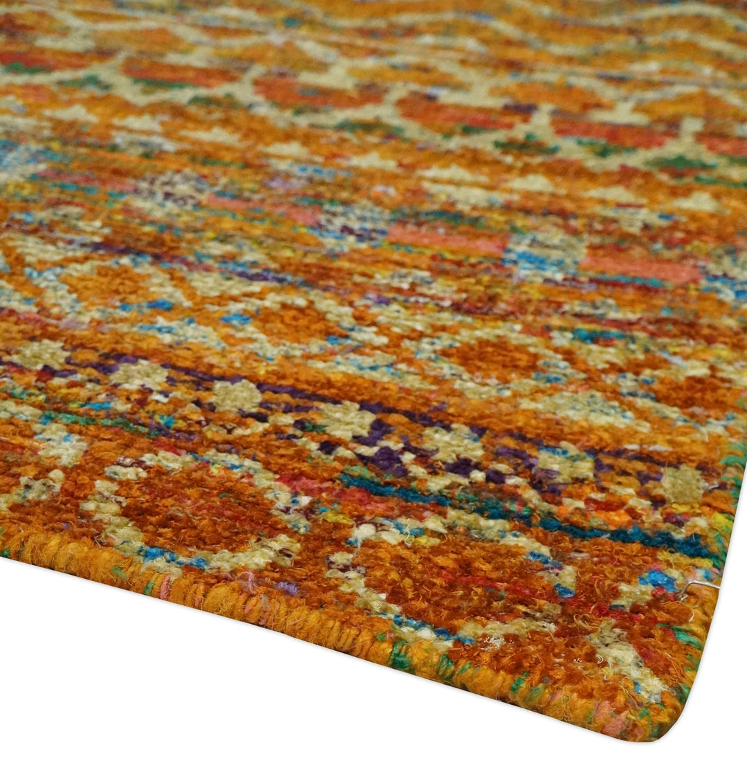 5.6x8.7 Hand Knotted Rust and Beige Modern Contemporary Southwestern Tribal Trellis Recycled wool Area Rug - The Rug Decor