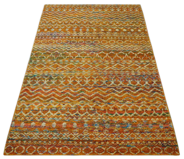 5.6x8.7 Hand Knotted Rust and Beige Modern Contemporary Southwestern Tribal Trellis Recycled wool Area Rug - The Rug Decor