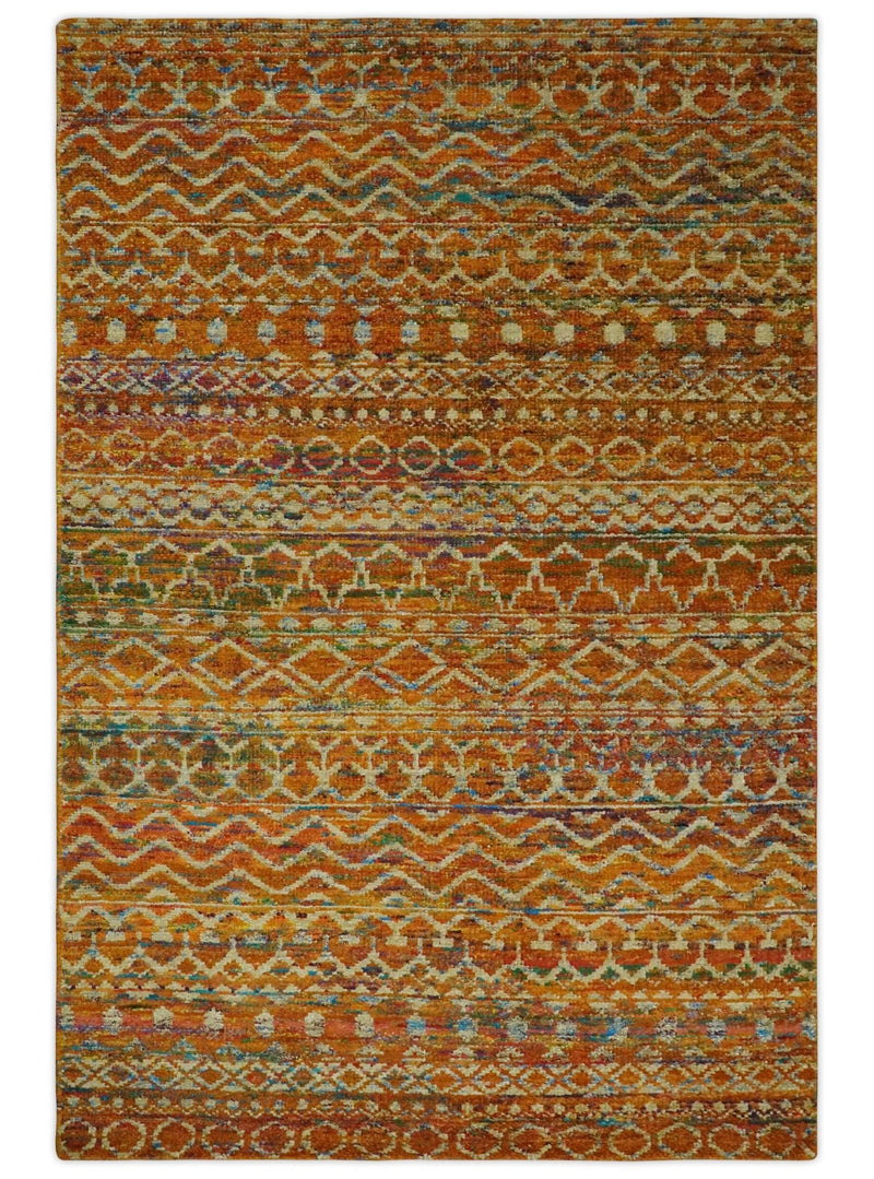 5.6x8.7 Hand Knotted Rust and Beige Modern Contemporary Southwestern Tribal Trellis Recycled wool Area Rug - The Rug Decor