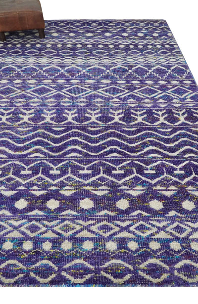 5.7x8.7 Hand Knotted Violet and Ivory Modern Contemporary Southwestern Tribal Trellis Recycled Silk Area Rug - The Rug Decor