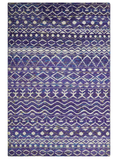 5.7x8.7 Hand Knotted Violet and Ivory Modern Contemporary Southwestern Tribal Trellis Recycled Silk Area Rug - The Rug Decor